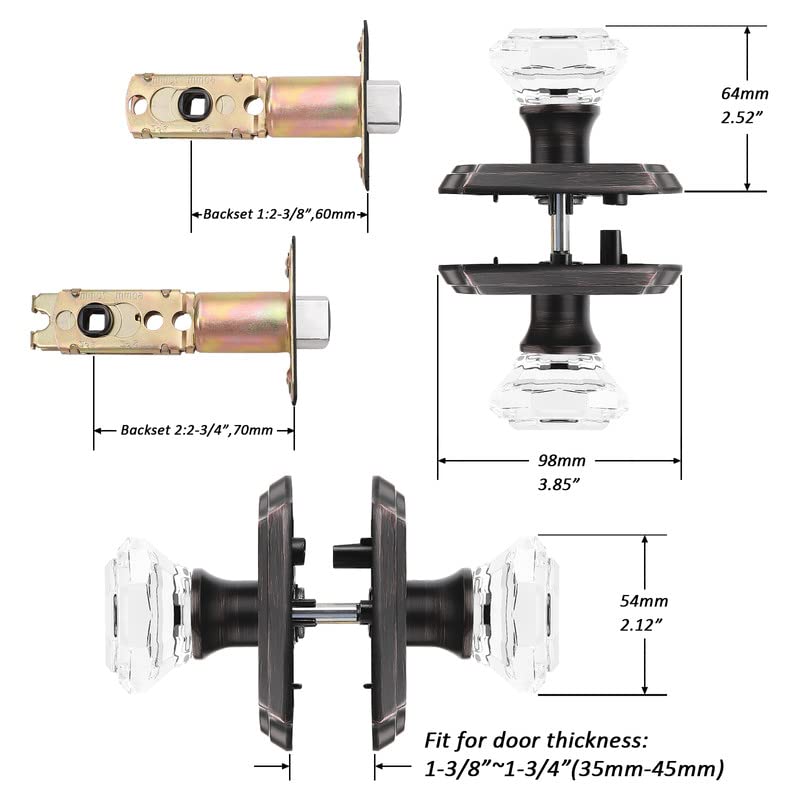 Orger Passage Door Knob for Hallway and Closet, Glass Door Handle with Non-Locking Latch, Octagonal Clear Crystal Door Knob 1 Pack, Oil Rubbed Bronze Vintage Rosette with Heavy Duty Crystal - Image 4